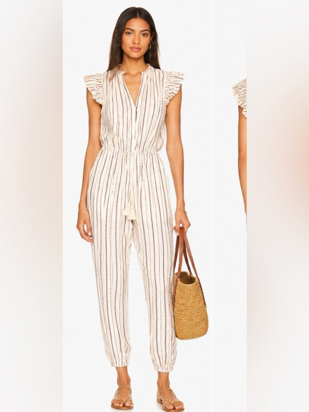 Ulla Johnson Striped Cotton Lurex Ruffle Sleeve Jumpsuit Size 6